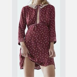 NWT Free People Red Delfina mini dress with  lace collar and velvet ribbon. L